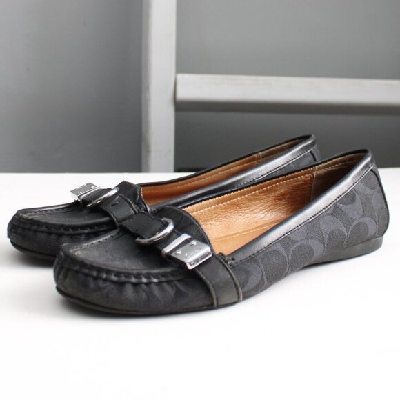 Coach Women's Flores Black Signature Logo Canvas Leather Flats Size 8.5 - Picture 1 of 8